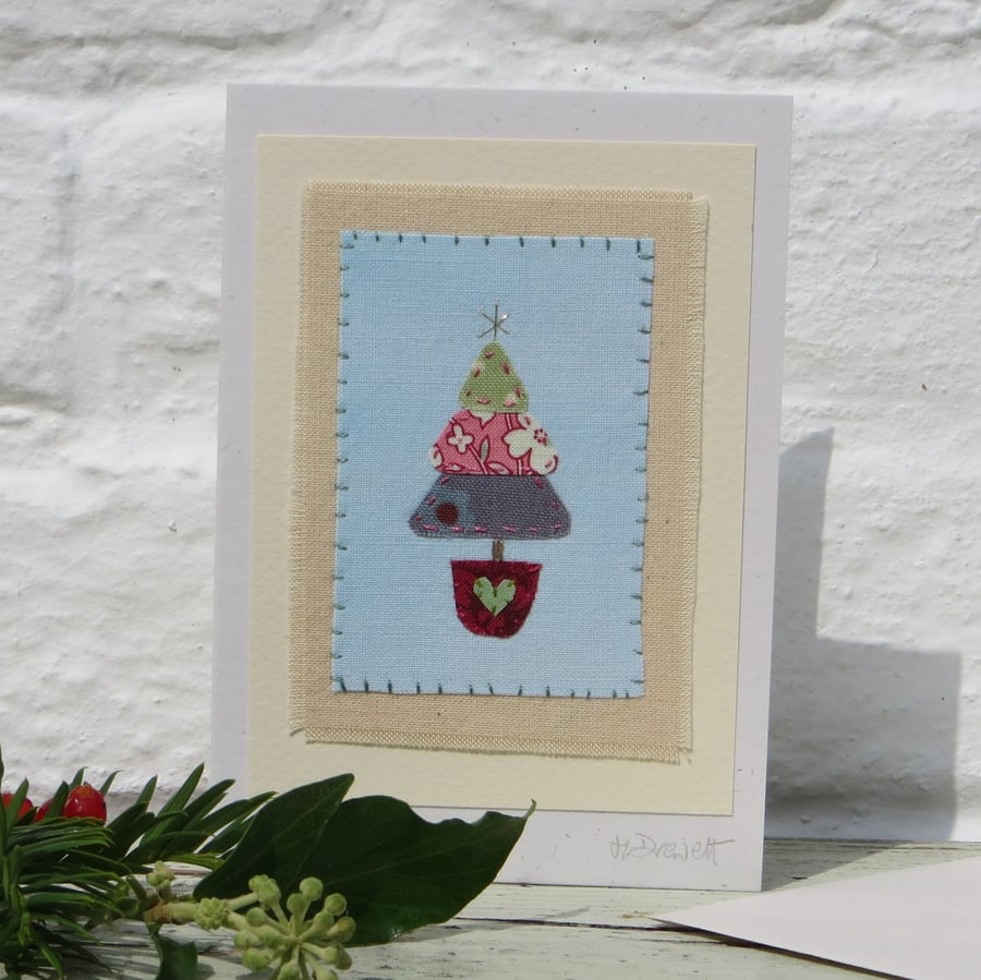 Little Tree, hand-stitched miniature applique on card for Christmas