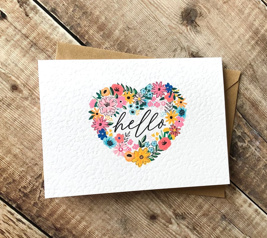 Hello card hearts and flowers blank inside 