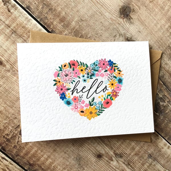 Hello card hearts and flowers blank inside 