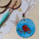 Robin hanging woodslice decoration 