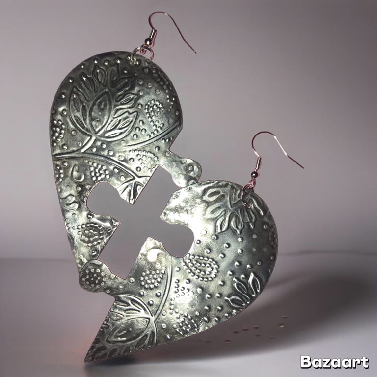 Earrings Oxidised - Embossed Heart Jigsaw Earrings, Birthday, Freepost