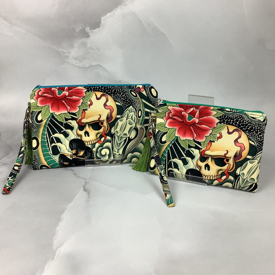 Handmade gothic zip clutch bag, wrist strap with silky tassel & charm 2 options
