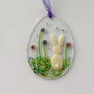 Fused glass Easter egg hanging decoration with bunny