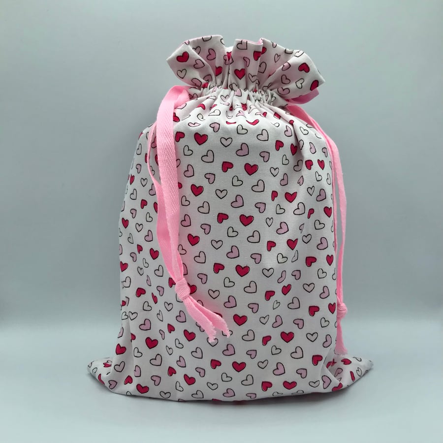 Pink and White Hearts Fabric Reusable Fully Lined Gift Bag - Medium Size
