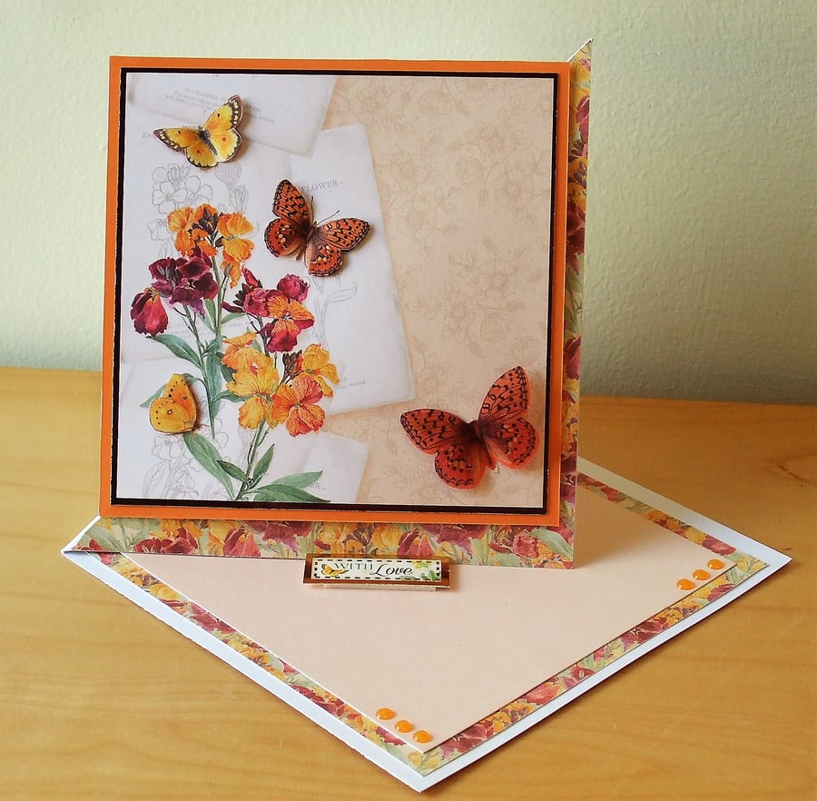 With Love Card, Flowers and Butterflies REDUCED TO CLEAR