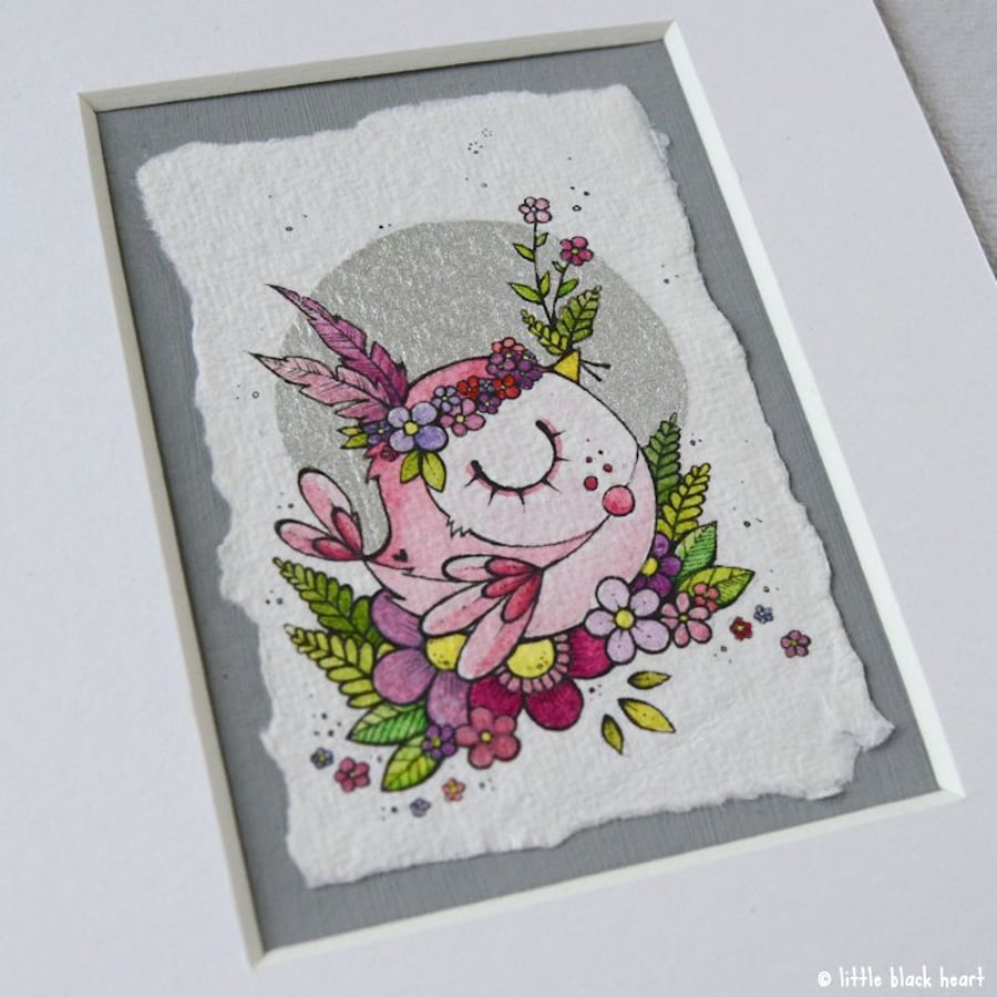 pink featherbird - original aceo with mount