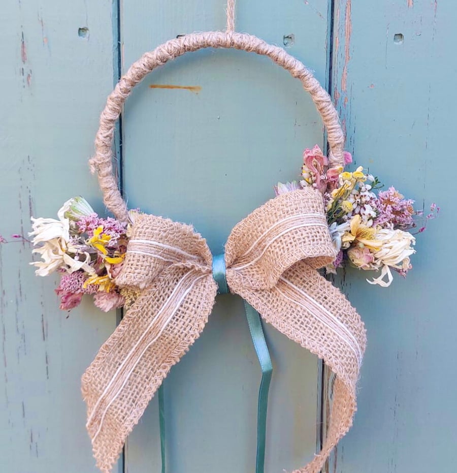 Dried Flower Wreath Decoration with Hessian Ribbon. Handmade. Ready to Post