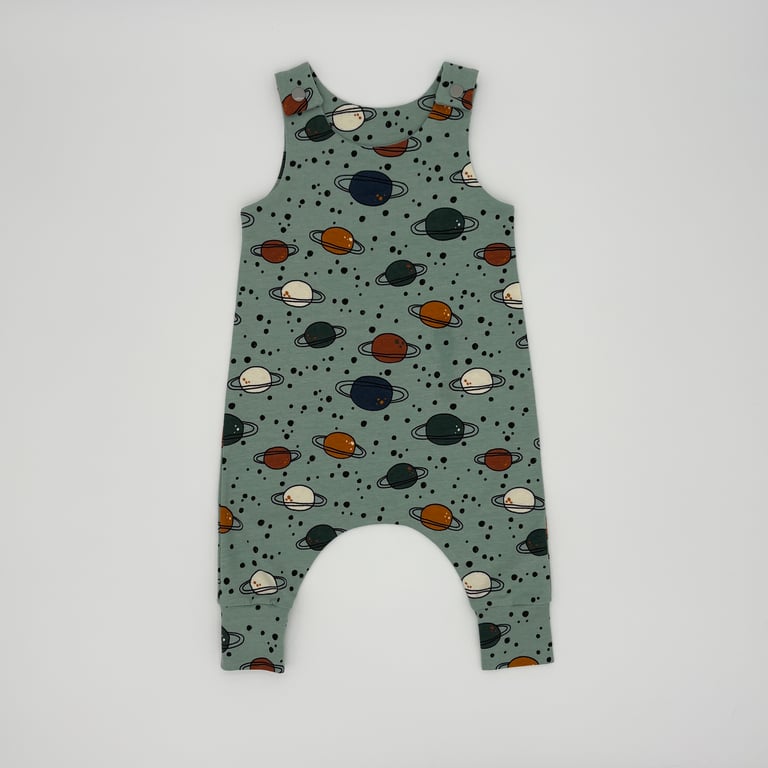 Handmade baby dungarees Planets on green (various sizes)