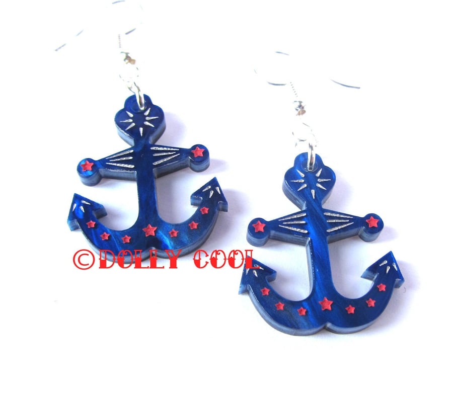 Acrylic Anchor Earrings in Blue - 40s 50s Reproduction - Vintage Style Nautical