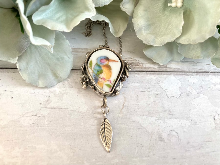 Broken China Pendant - Kingfisher Bird Design - Boho Style
