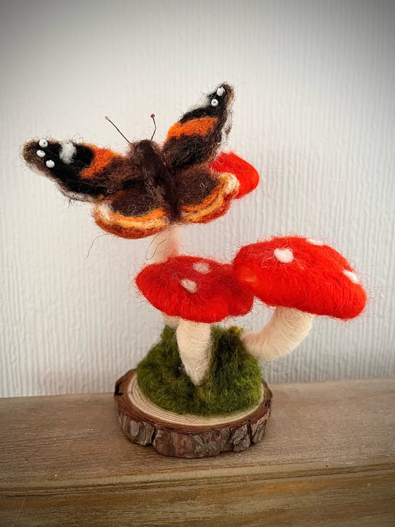 Needle felted butterfly and toadstool indoor decoration 