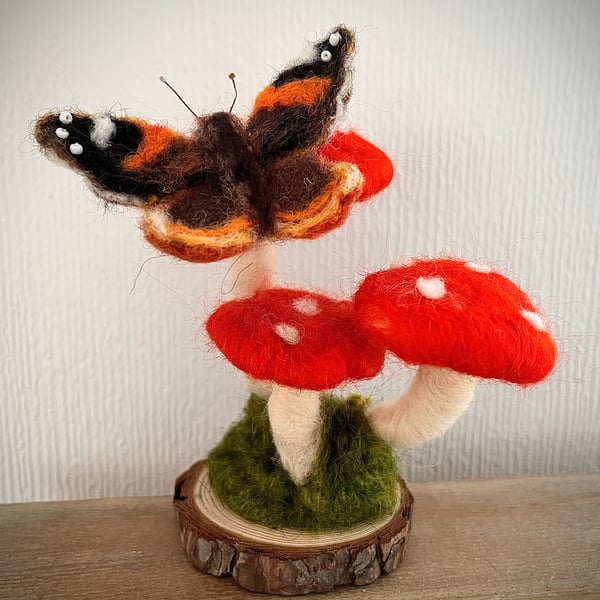 Needle felted butterfly and toadstool indoor decoration 