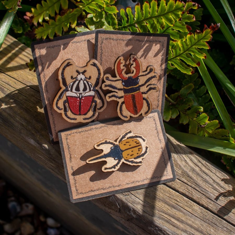 Set of 3 Wooden Beetle Pins – Goliath, Hercules & Stag Beetles 