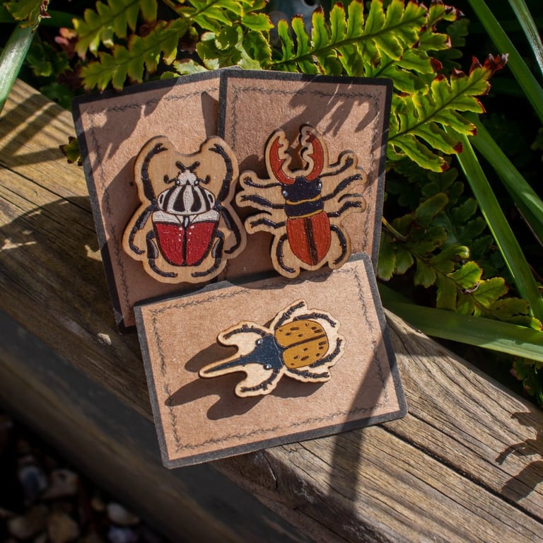 Set of 3 Wooden Beetle Pins – Goliath, Hercules & Stag Beetles 