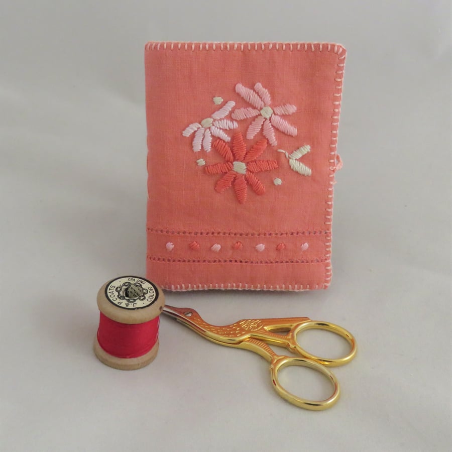 Hand Embroidered Needlebook on Hand dyed Vintage Tablecloth