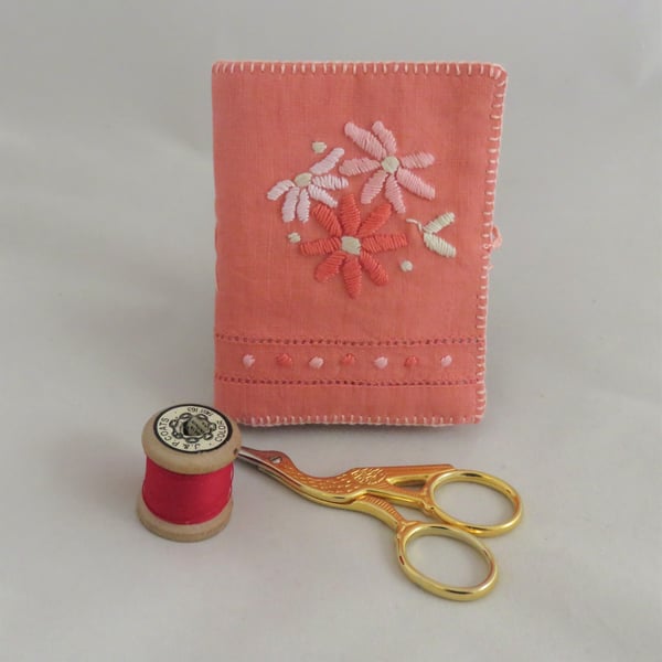 Hand Embroidered Needlebook on Hand dyed Vintage Tablecloth