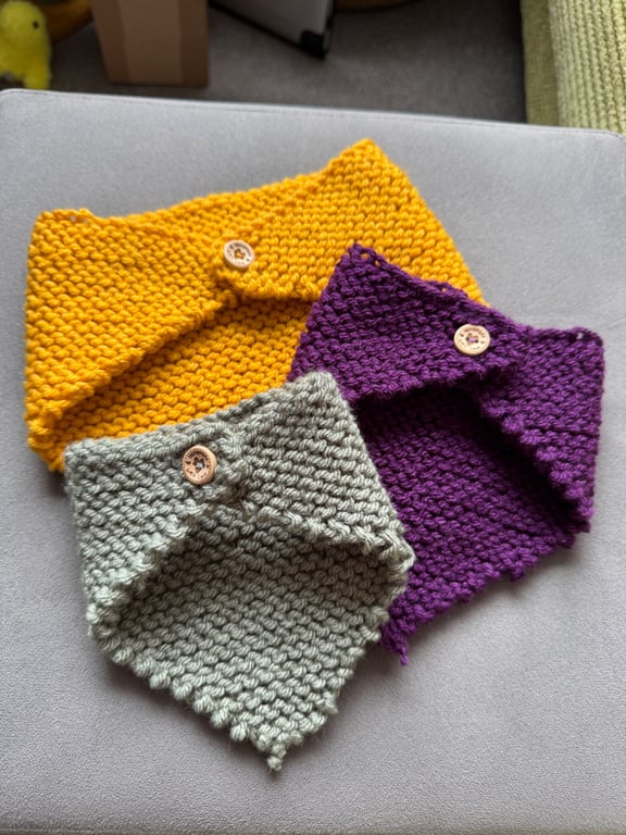 Hand Knit Cottagecore Dog Bandanas. Cosy Buttons & Country Charm