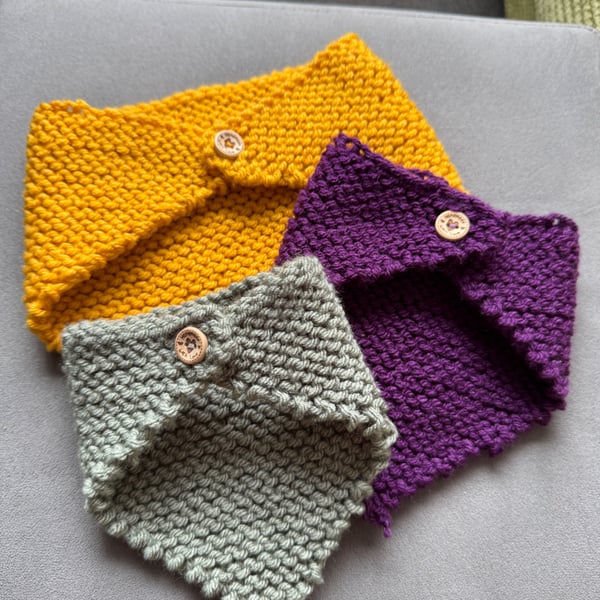Hand Knit Cottagecore Dog Bandanas. Cosy Buttons & Country Charm