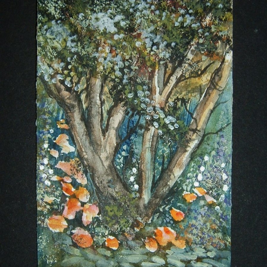 aceo painting art original watercolour woodland ref 90