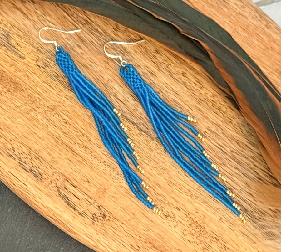 Deep matt blue beadwork tassel fringe earrings