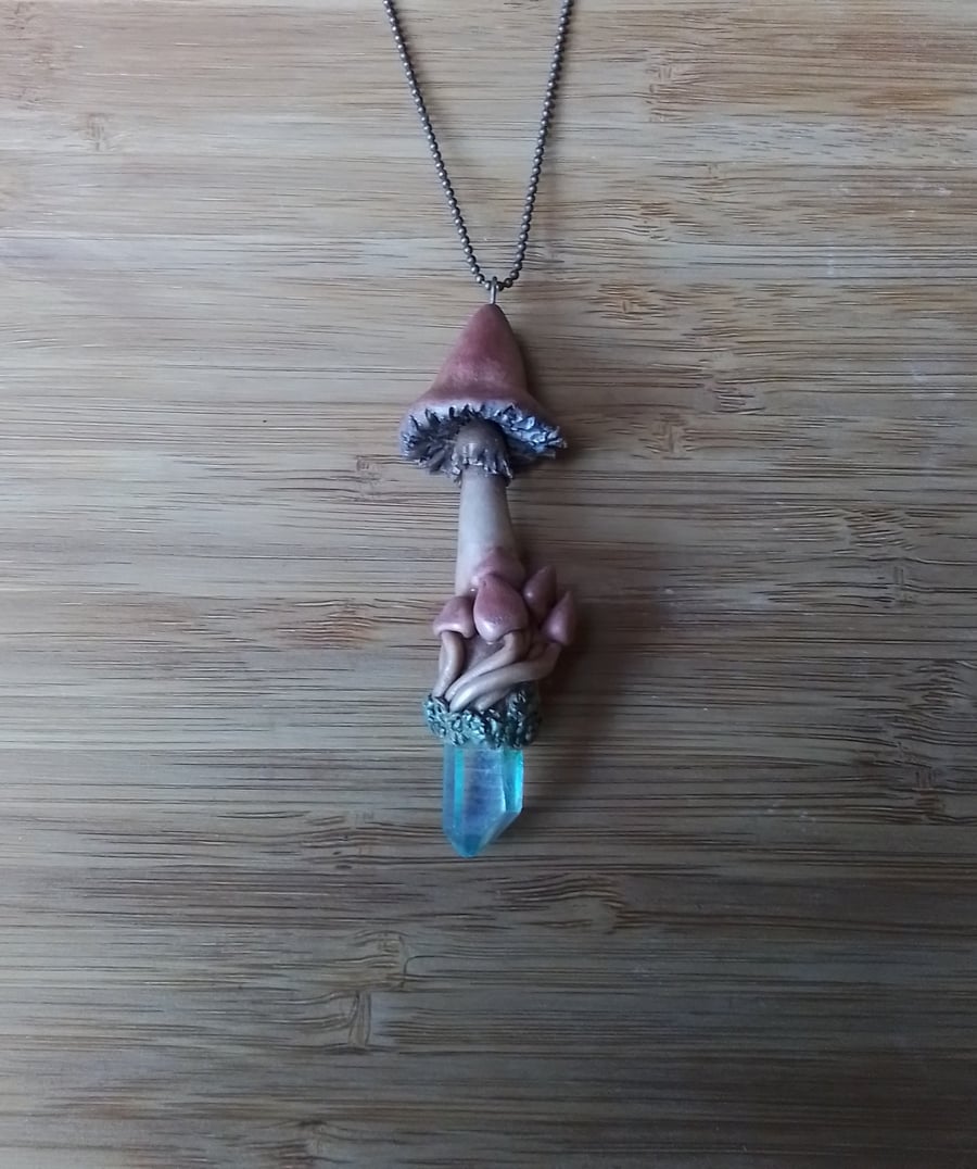 Aqua Aura Lemurian Crystal and Polymer Clay Woodland Mushroom Amulet Pendant