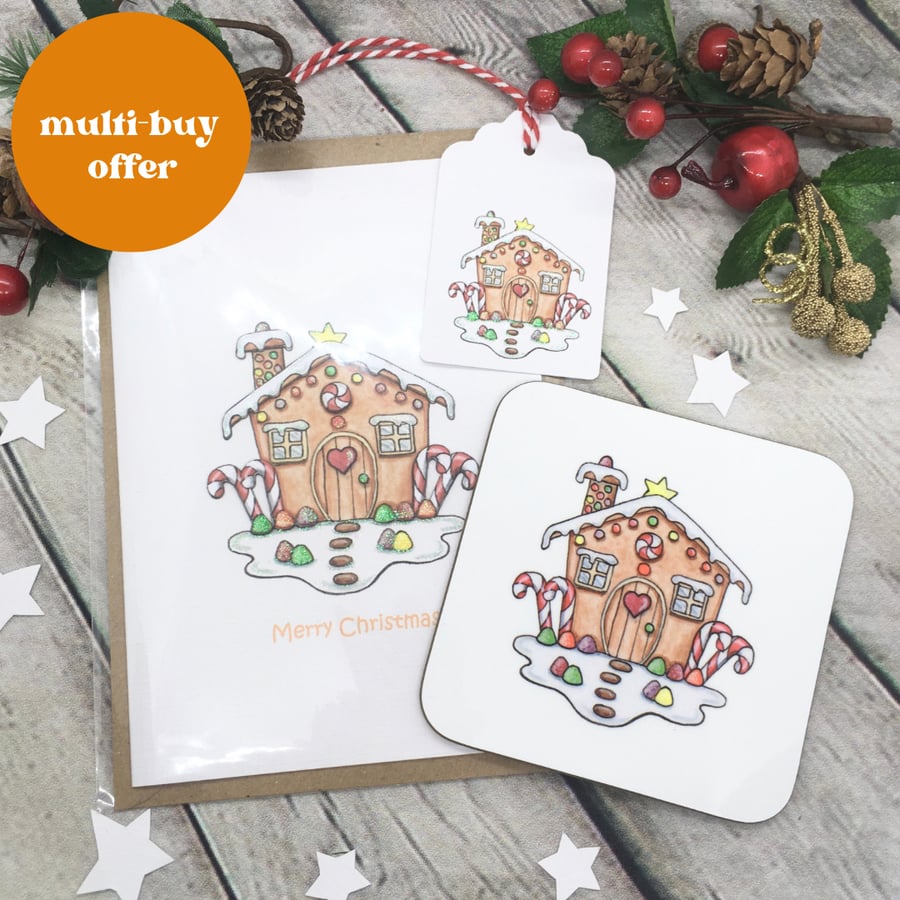 Christmas Gingerbread House Card, Gift Tag & Coaster Gift Set
