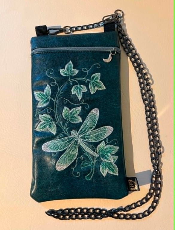 Embroidered Dragonfly Crossbody Bag – Dark Green Vinyl 