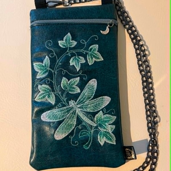Embroidered Dragonfly Crossbody Bag – Dark Green Vinyl 