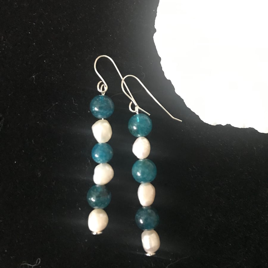 Sterling Silver Baroque Freshwater Pearl and Apatite Earrings - Gift Boxed 