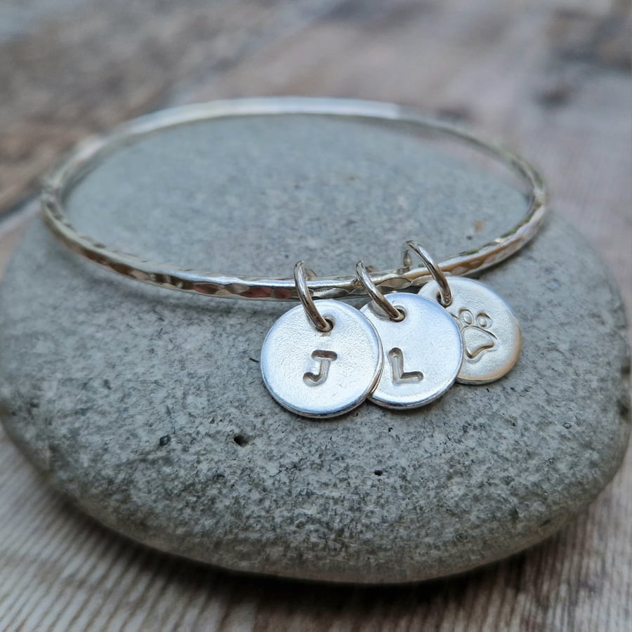 Sterling Silver Solid Initial Charm Bracelet Bangle - Personalised