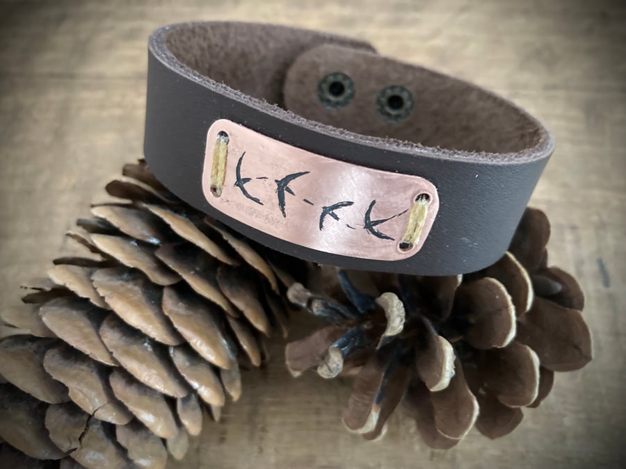 Swirling Swifts Wrist Cuff - Handmade Etched Copper & Leather