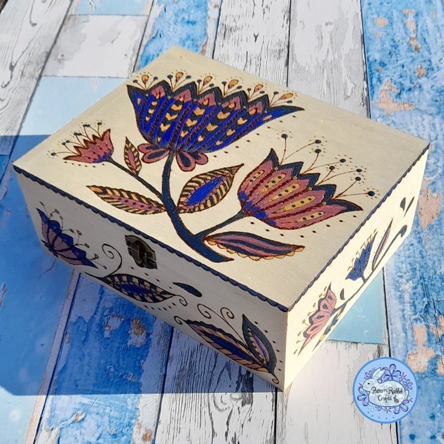 Indian Blooms Pyrographed Large Box