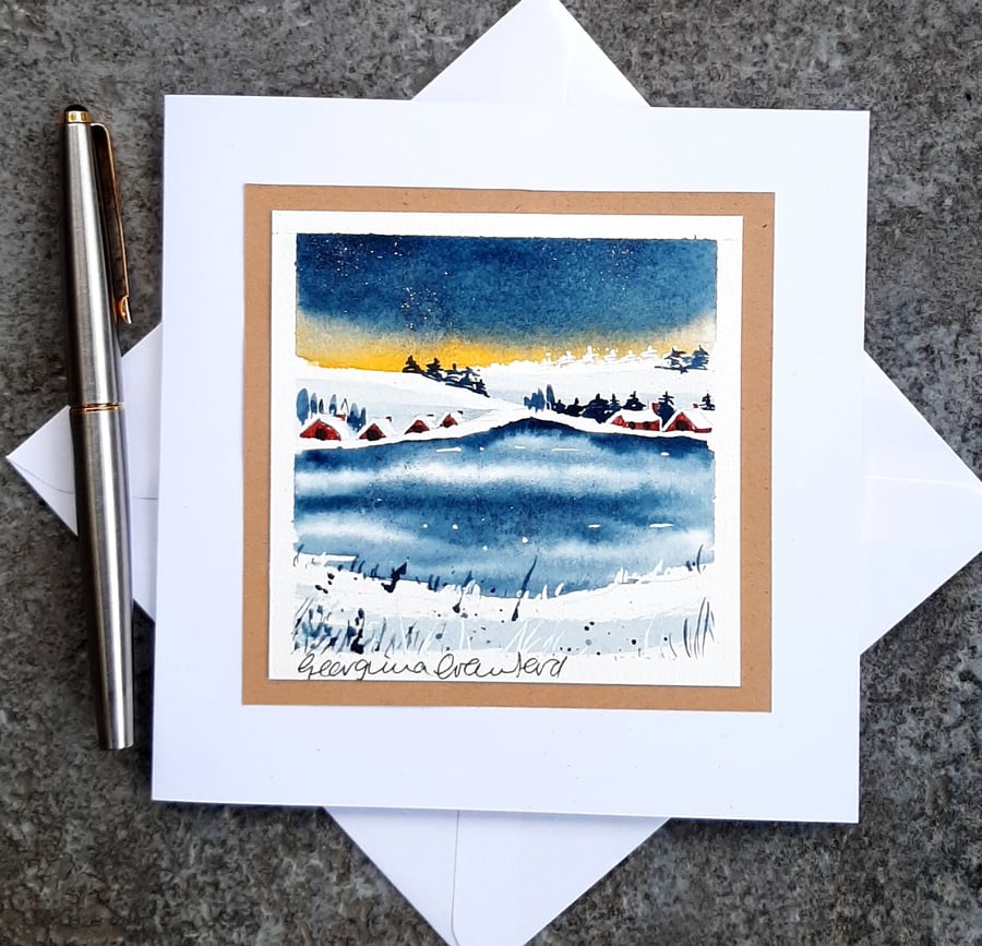 Handpainted Blank Christmas Card. Christmas Snowscene With Glittery Stars
