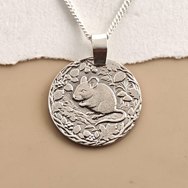Mouse Engraved Sterling Silver Coin Necklace