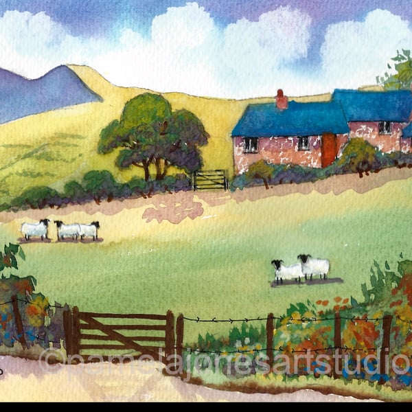 Hillside Cottage, The Brecon Beacons, Wales, Watercolour Print in 8 x 6 Mount