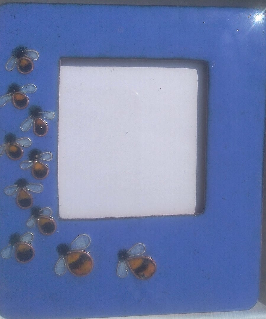 ENAMELLED PHOTO FRAME - FLORAL - HAND CRAFTED - BLUE - BUSY BEES