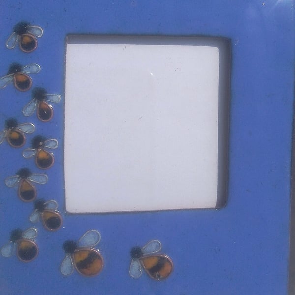 ENAMELLED PHOTO FRAME - FLORAL - HAND CRAFTED - BLUE - BUSY BEES