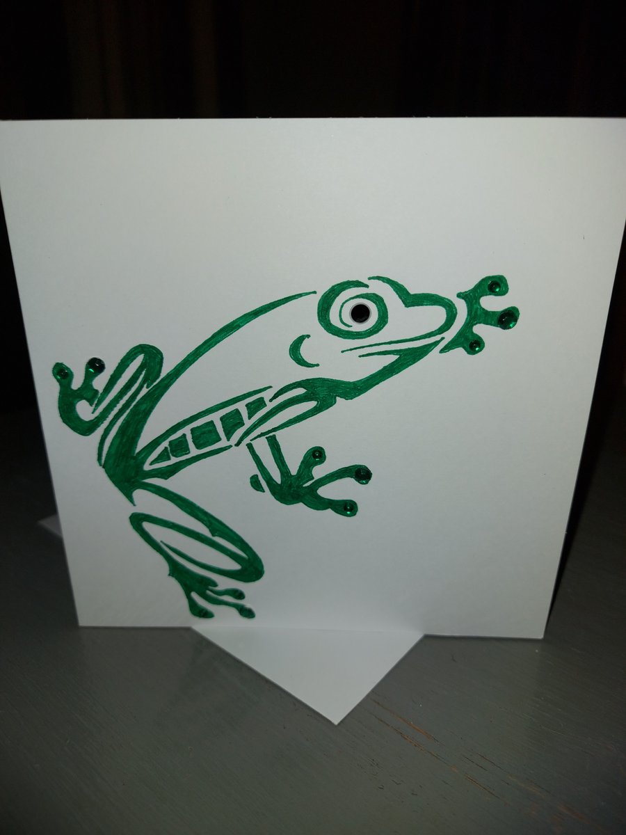 GREEN FROG BLANK CARD, hand sparkled, hand made, green frog