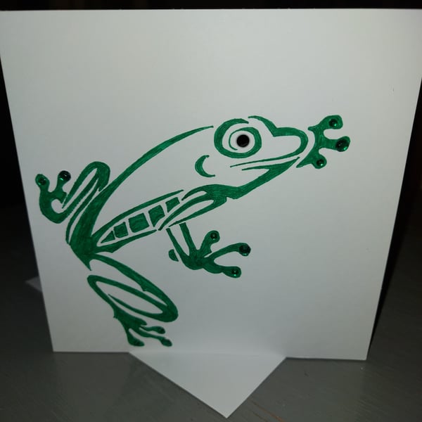 GREEN FROG BLANK CARD, hand sparkled, hand made, green frog