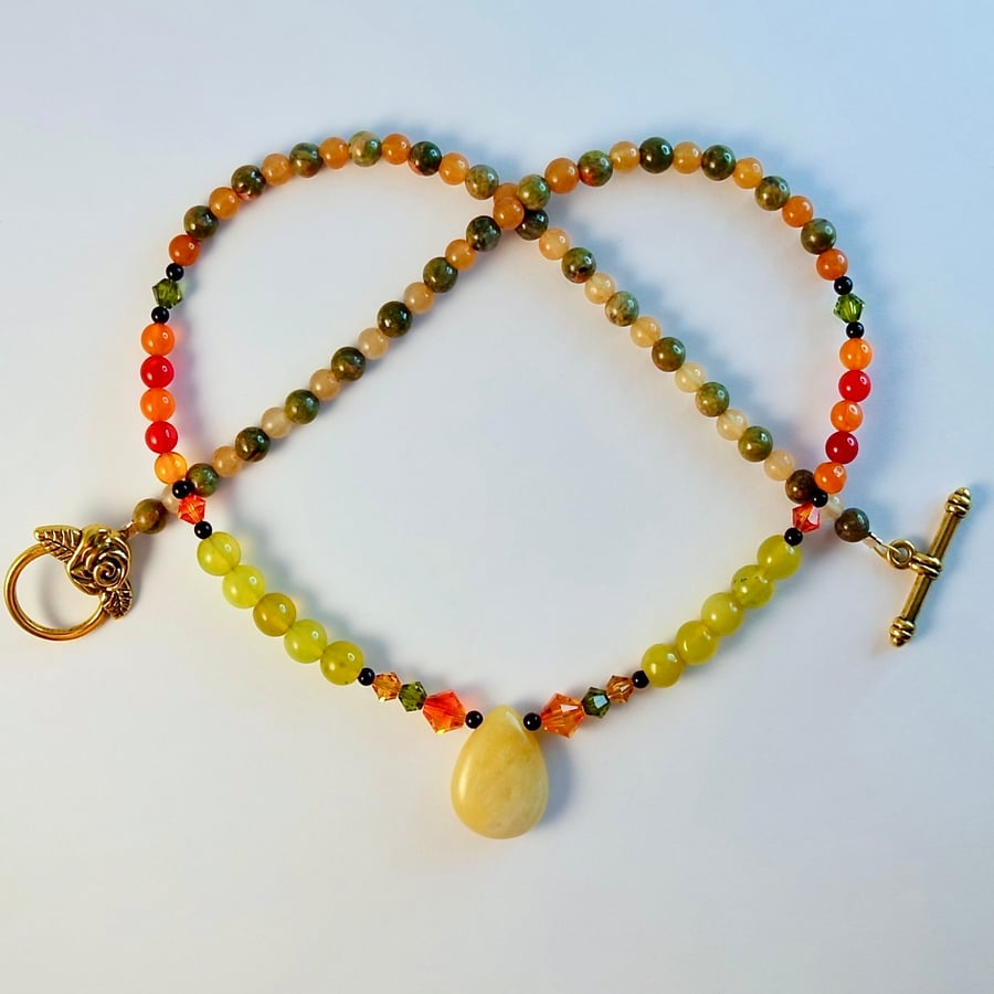 Agate, Aventurine & Unakite Necklace With Swarovski Crystals - Handmade In Devon