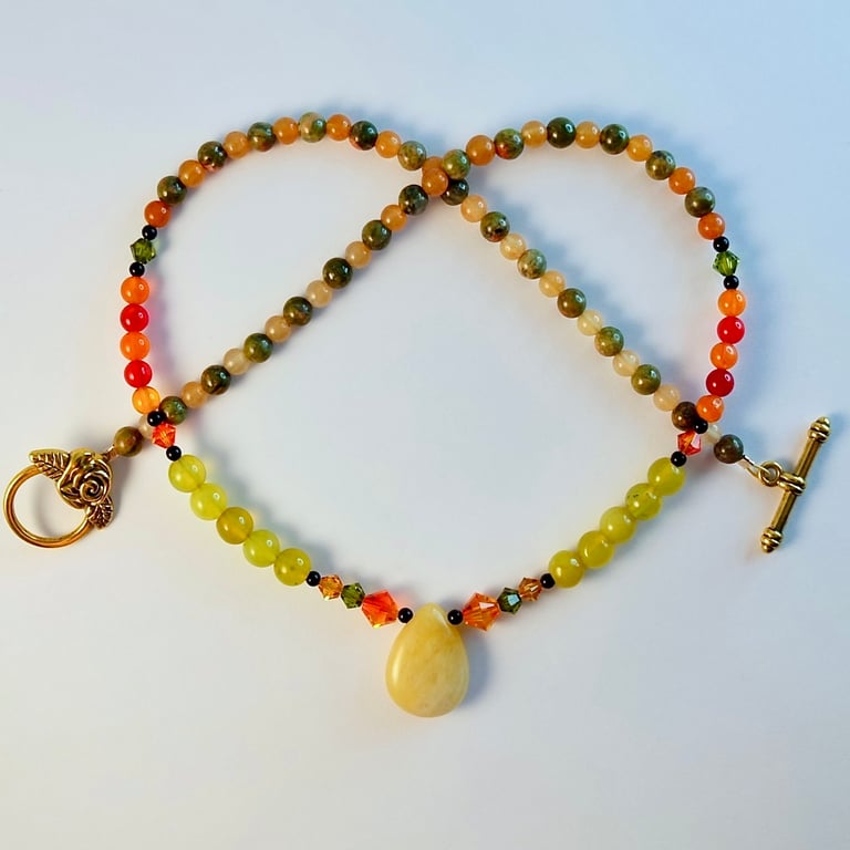 Agate, Aventurine & Unakite Necklace With Swarovski Crystals - Handmade In Devon