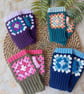 Crochet Granny Square Fingerless Mitts Wrist Warmers 