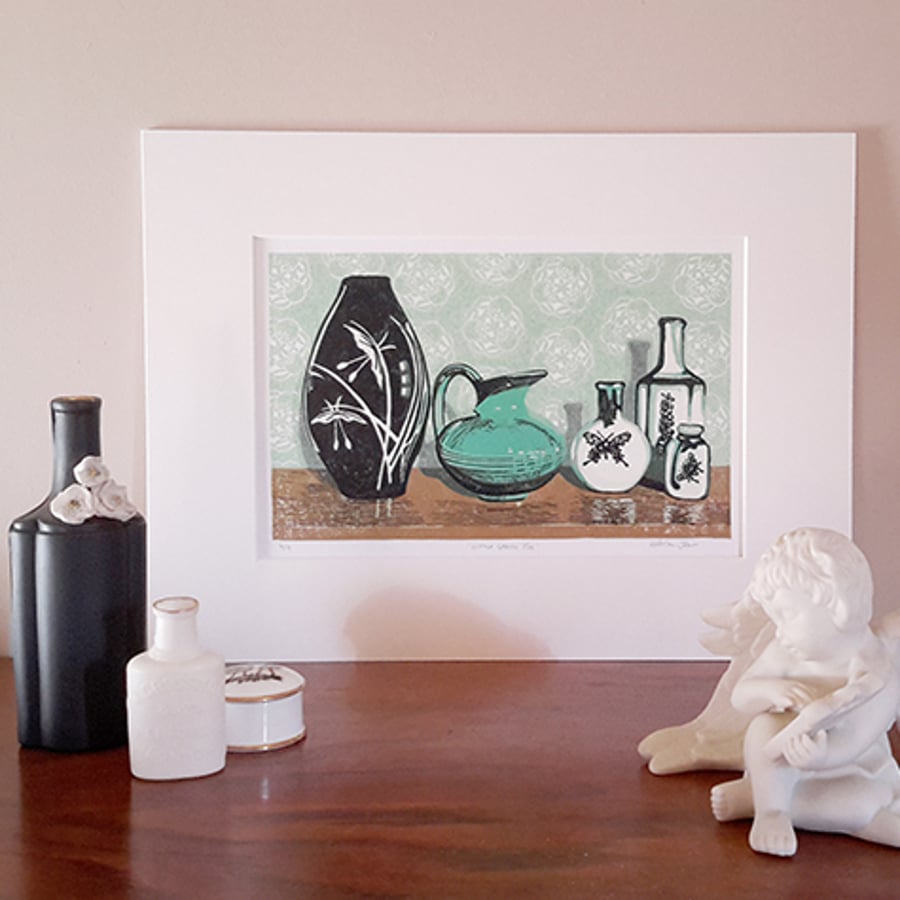 Linocut Ready to frame Little Green Jug Original Linoprint