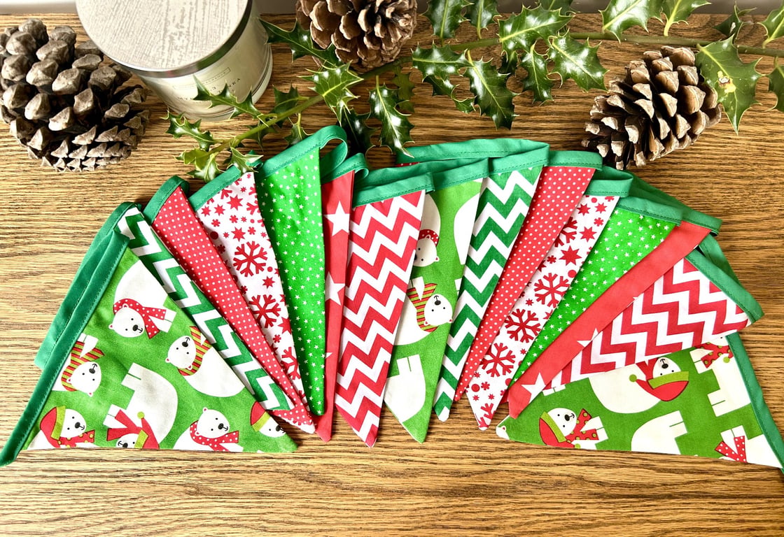 Handmade Red & Green Christmas Bunting (Extra Long) - Handmade Fabric Garland