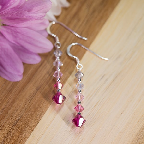 Sterling Silver and  pink Swarovski drop earrings
