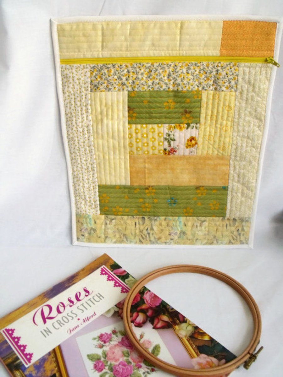 quilted project pouch for embroidery or small craft projects, yellow and green