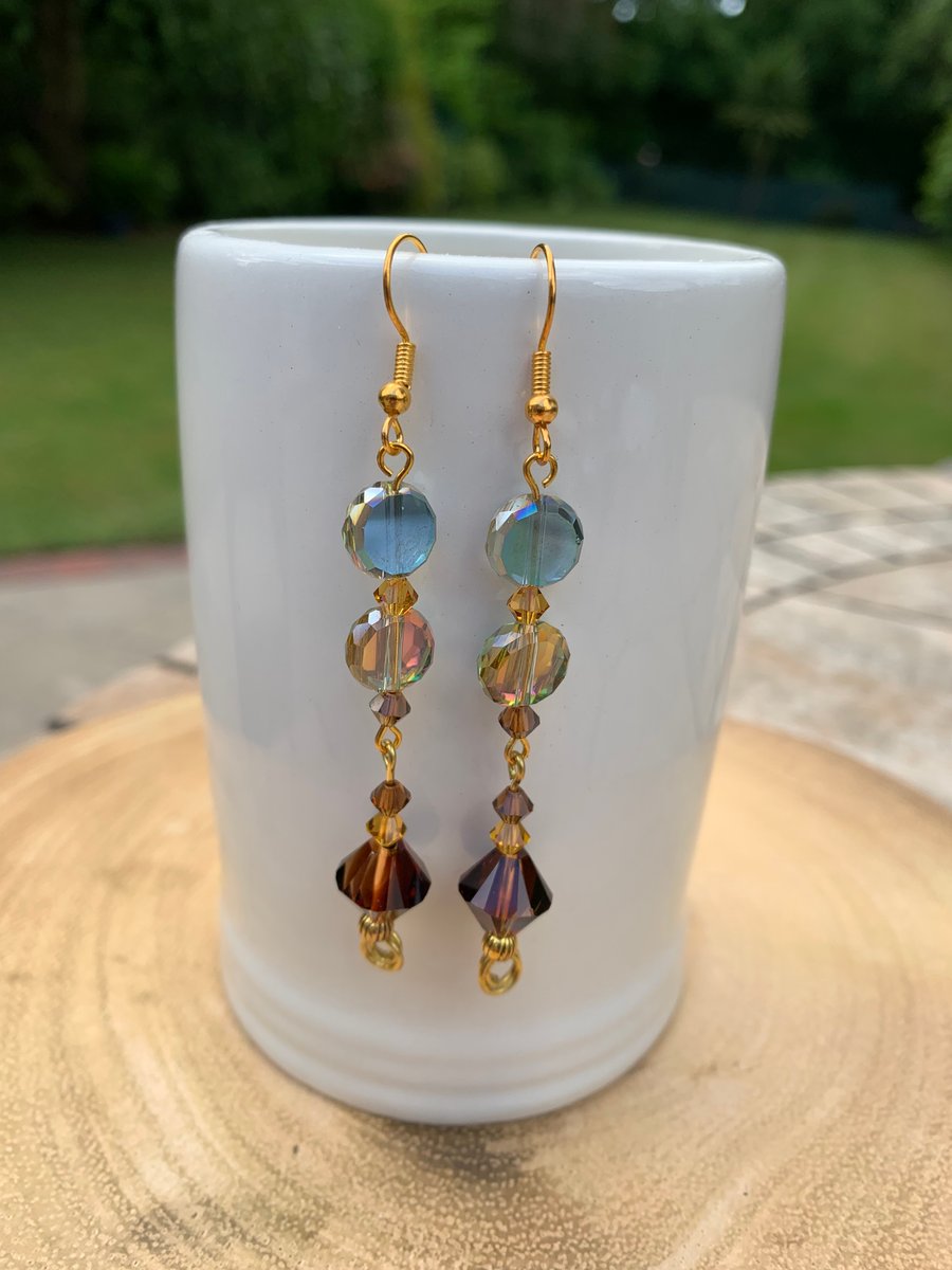 Chocolate Bronze & Amber Crystal Dangle Earrings Gold Plated