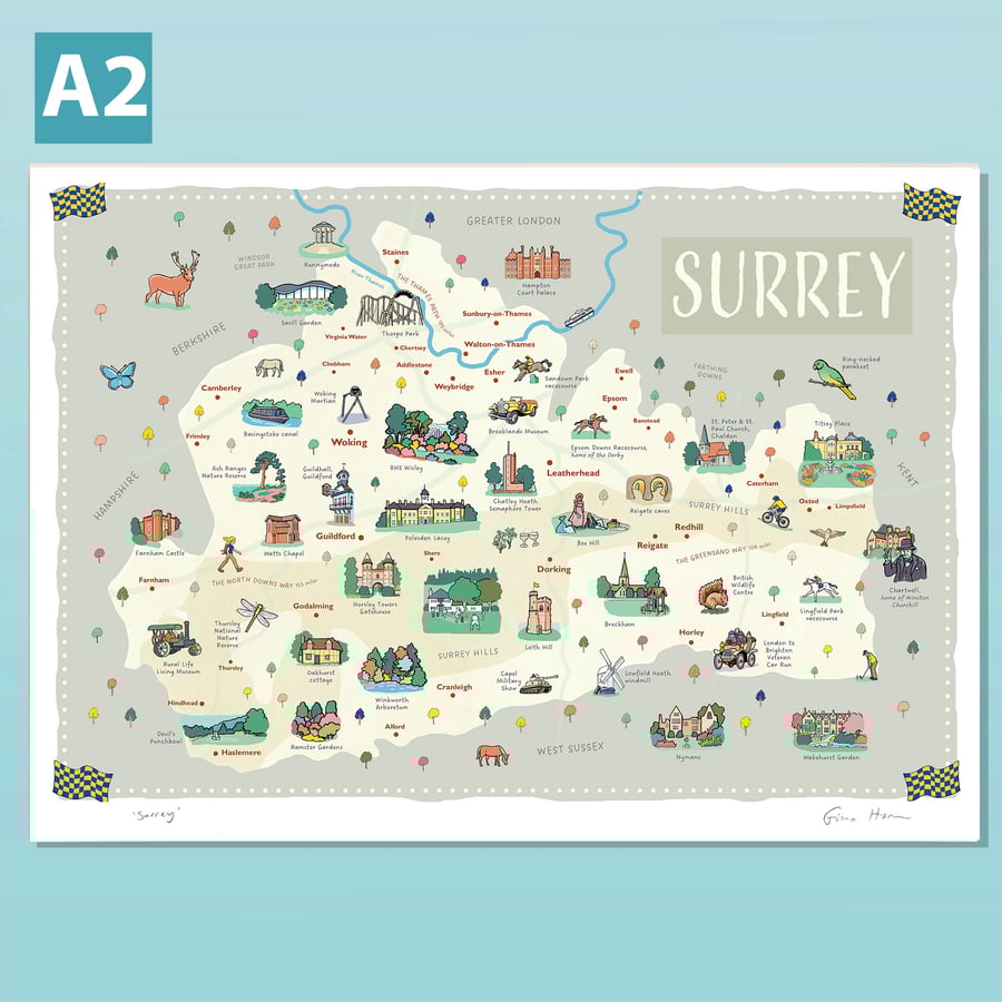 Surrey A2 illustrated map poster showing landmarks and famous places