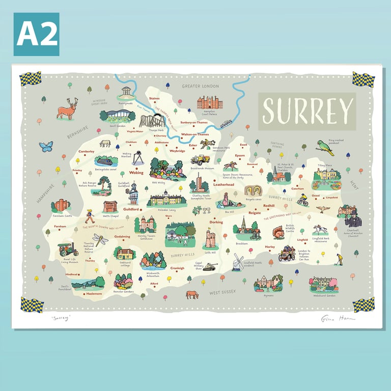 Surrey A2 illustrated map poster showing landmarks and famous places