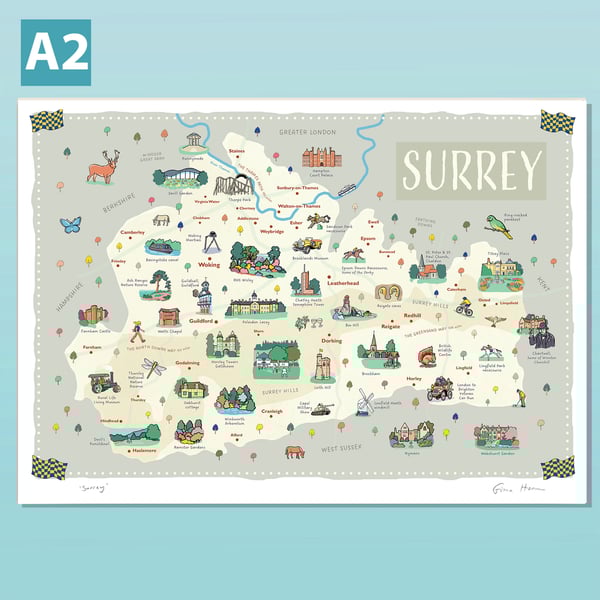 Surrey A2 illustrated map poster showing landmarks and famous places